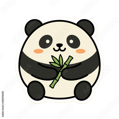 Cute Cartoon Panda Holding Bamboo.