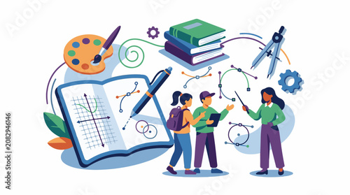 Colorful illustration depicts students engaged in educational activities