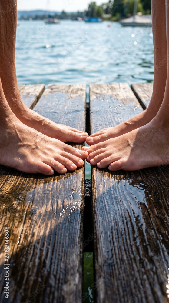 Fototapeta premium Extreme close-up of two people's bare feet standing together on wet wooden decking of a pier during a relaxing summer day