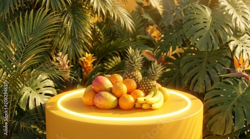Tropical fruits on yellow pedestal in lush jungle setting