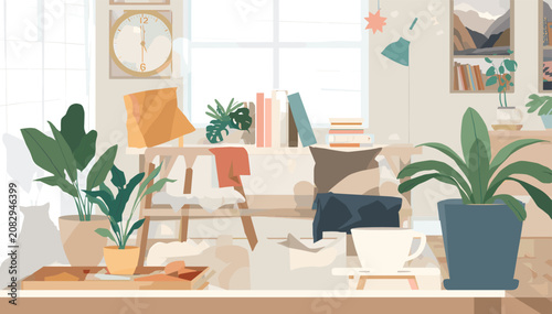 Tableau sur toile Cozy living room interior with abundant houseplants, natural light, and comfortable seating, creating a serene and inviting atmosphere