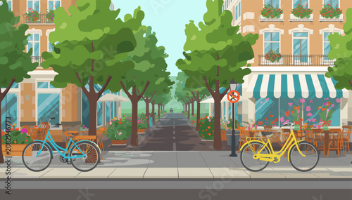 Fotografie A vibrant cartoon illustration of a charming European street scene with cafes, trees, and bicycles parked on the sidewalk