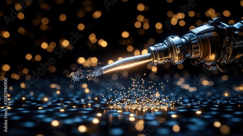 Industrial drill bit spraying glowing particles with bokeh background