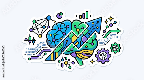Colorful illustration of a brain with digital circuit and growth arrow