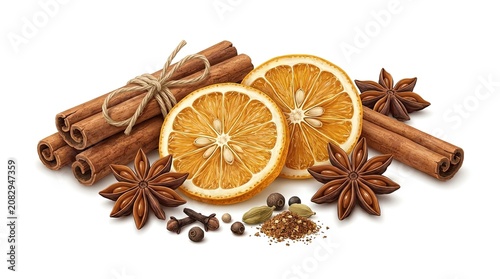 Christmas Spices Cinnamon Sticks Dried Orange Slices Star Anise Isolated White Background Mulled Wine Winter Festive Aroma Cooking Graphic 3D