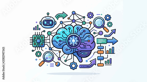 Colorful illustration of a brain with gears circuits and robotic elements