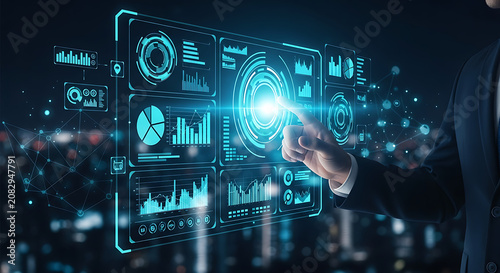 Businessman interacting with a futuristic digital interface showing business data analytics and financial charts.