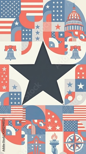Patriotic American Flag Star Illustration with Symbols of USA History and Culture