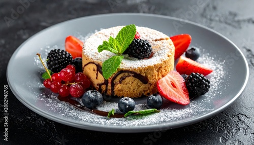 Cheesecake and chocolate cake with mixed berries, fresh strawberries, blueberries and raspberries, mint garnish, gourmet dessert on white plate