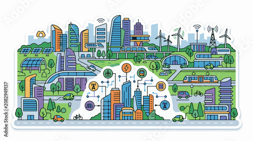 Colorful illustration of a connected eco-friendly urban cityscape