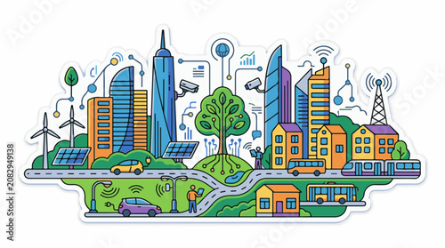 Colorful illustration of a connected smart city with renewable energy and smart technology