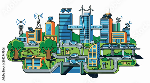 Colorful illustration of a futuristic eco-friendly city with sustainable buildings solar panels and green spaces