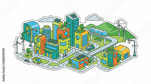 Colorful illustration of a futuristic eco-friendly city with clean transport