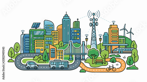 Colorful illustration of a futuristic green city with smart technology