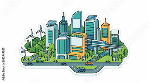 Colorful illustration of a futuristic green city with sustainable transport