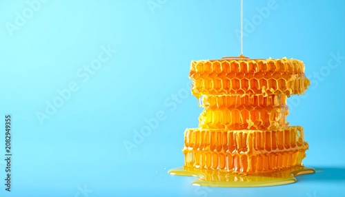 Honeycomb stacked against blue background with honey drizzles, representing organic food, healthy eating bee