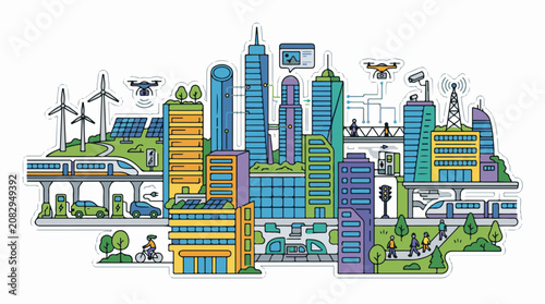 Colorful illustration of a futuristic sustainable city with transportation and technology