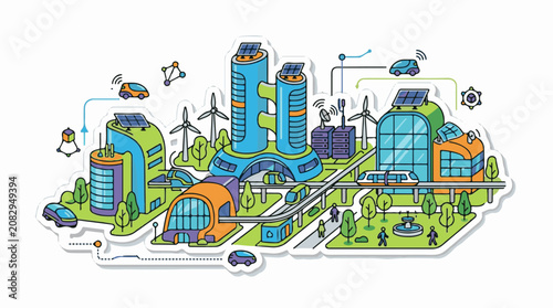 Colorful illustration of a futuristic sustainable city with clean energy transportation