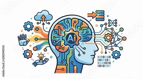 Colorful illustration of a human head with circuits gears and AI symbols