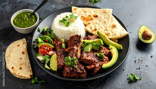 Healthy gourmet meal plate with rice vegetables grilled chicken fish and fresh vegetable salad served as balanced restaurant cuisine dinner dish