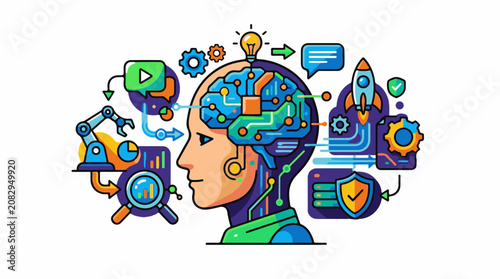 Colorful illustration of a human head with various technological and analytical symbols