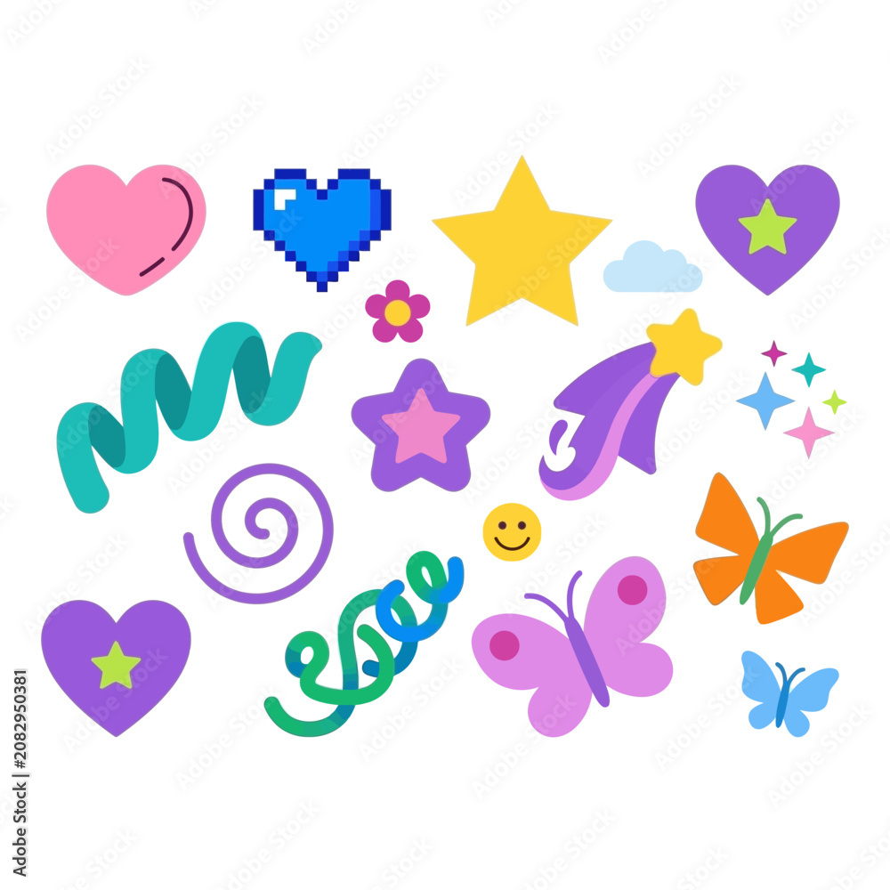 Fototapeta premium Set of colorful cute vector stickers featuring hearts stars butterflies and abstract shapes.
