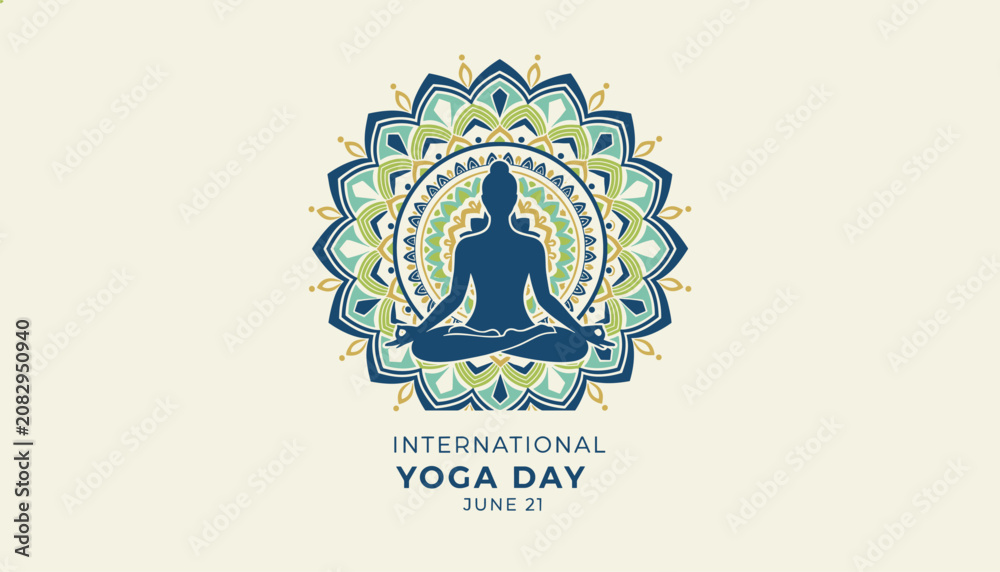 Obraz premium International yoga day graphic displaying a female silhouette meditating in lotus pose before a detailed mandala design.