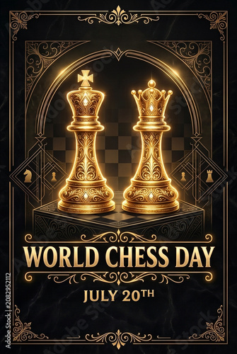 Golden chess king and queen on a board, elegant poster design for World Chess Day on July 20th.