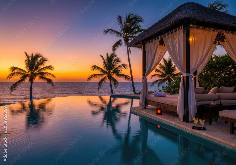 Fototapeta premium Tranquil poolside oasis with ocean view and palm trees at sunset