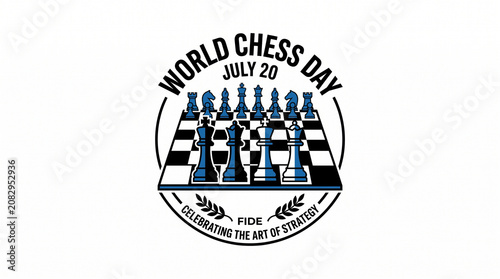World Chess Day emblem with a chessboard and blue pieces, celebrating the art of strategy logo.