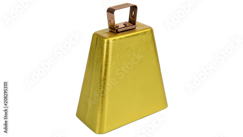 Foto Yellow metal cowbell signal percussion musical instrument isolated on a transpar