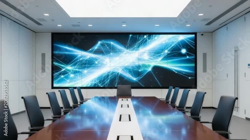 Modern conference room with high-tech display wall and seating  