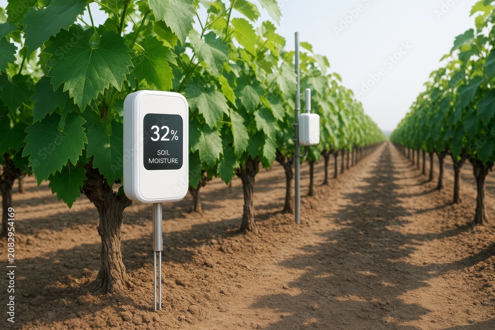 Obraz premium Smart soil moisture sensor device in vineyard field measuring 32% moisture level on a sunny day with green vines in the background. Ai generative