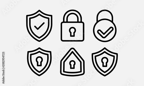 Shield security icons, protection symbols set, security sign with check mark and lock sign in outline style