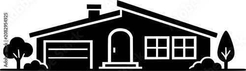 Modern House with Garage White Outline Line Art Vector Illustration