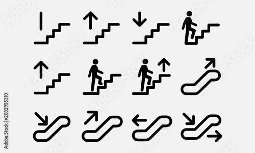 Stairs icon set, climb up and down stairs with directional arrows, staircase sign, escalator symbol