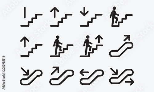 Stairs icon set, climb up and down stairs with directional arrows, staircase sign, escalator symbol