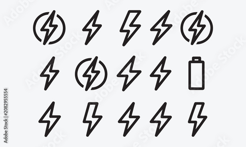 Thunder and bolt lighting flash icon set. Lightning bolt icon in circle. Electric power thunderbolt, fast battery charger symbol, volt, dangerous sign, electricity