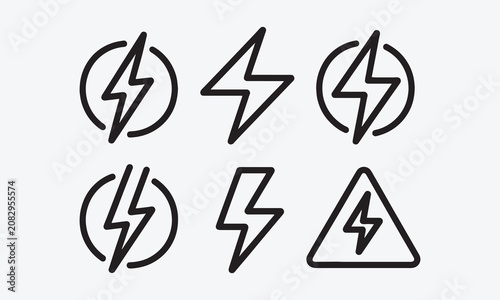 Thunder and bolt lighting flash icon set. Lightning bolt icon in circle. Electric power thunderbolt, fast battery charger symbol, volt, dangerous sign, electricity