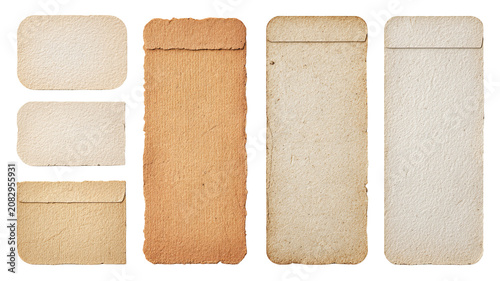 Vintage paper tabs set with aged textures and clean edges, isolated on transparent background