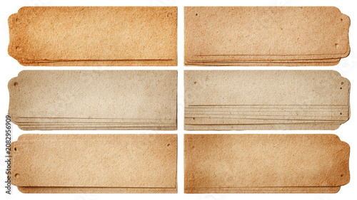 Vintage paper tabs set with aged textures and clean edges, isolated on transparent background