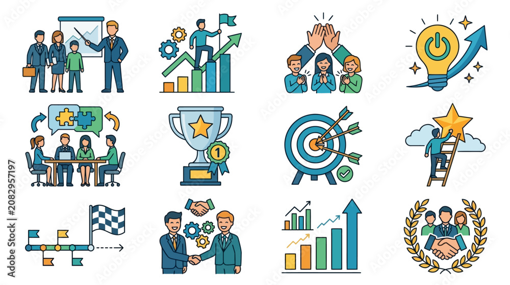 Fototapeta premium Minimalist Business Success Icons Colorful Illustrations of Teamwork Growth Strategy and Achievement