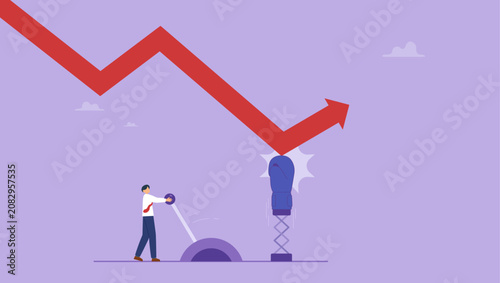 Quadro su tela Businessman push switch to change direction from falling down to rising up