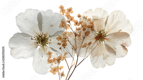 Vintage pressed flower card with delicate dried petals and leaves, retro scrapbook style, soft natural colors, isolated on transparent background