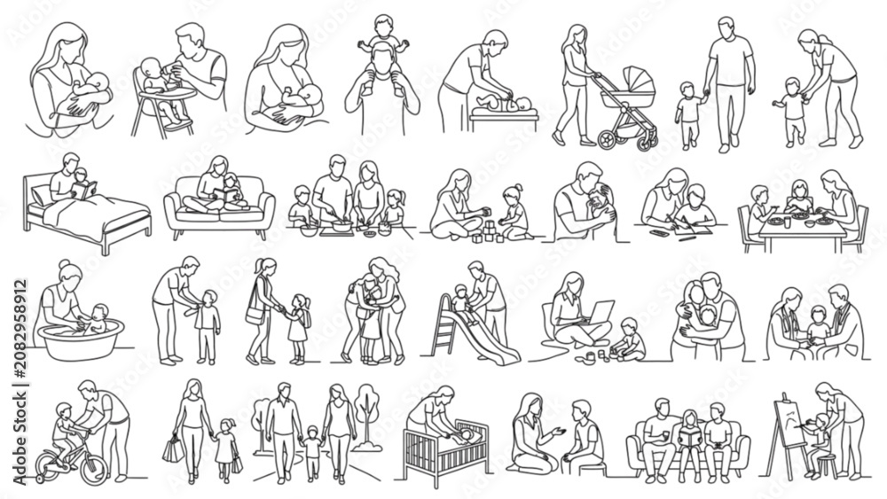 Fototapeta premium Premium Parenting Family Line Art Collection | Parent Child Lifestyle Figure Library
