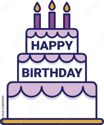 Tiered birthday cake with candles and text. Tiered birthday cake with purple frosting for celebration events