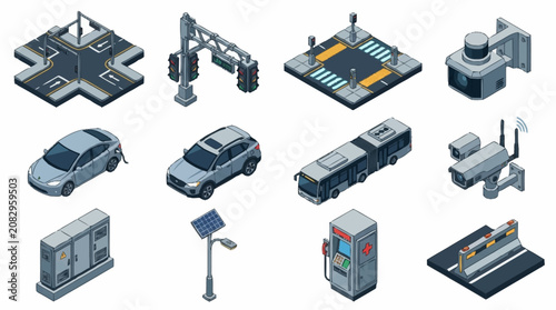 Isometric Industrial Technology and Transportation Icons Set.