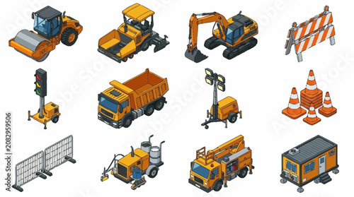 Collection of Construction Vehicles and Equipment in Isometric Style.