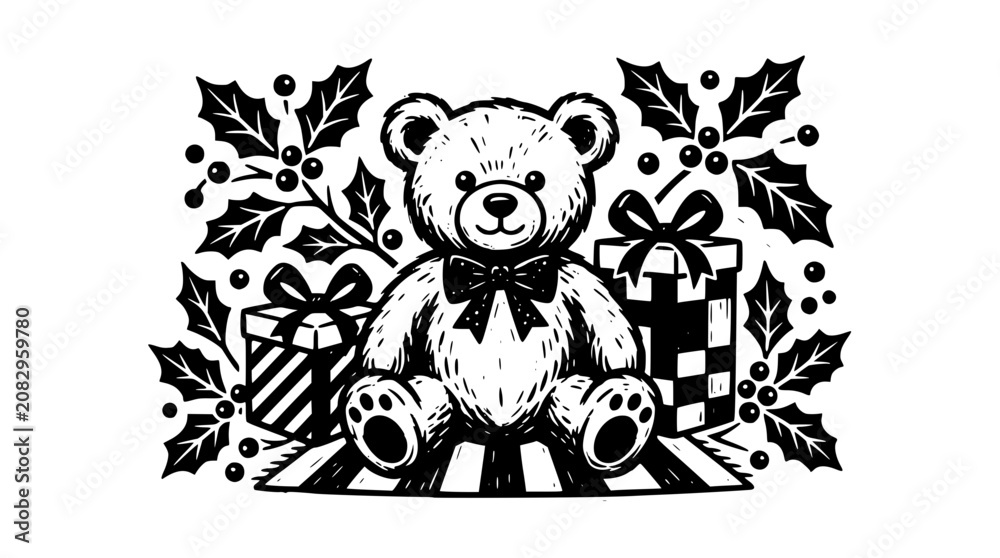 Fototapeta premium Black and white teddy bear illustration with holiday gifts