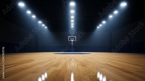Empty Indoor Basketball Court with Bright Overhead Lighting and Wooden Floor for Sports and Recreation Activities